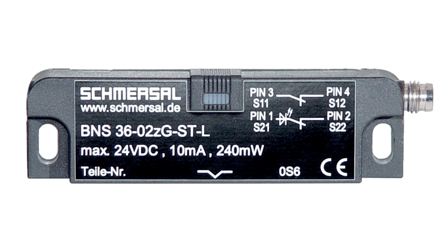 Interruttore di sicurezza Schmersal BNS36-02Z-ST-L, sensore magnetico IP67, installazione a livello, dimensioni 37mm x 15mm.