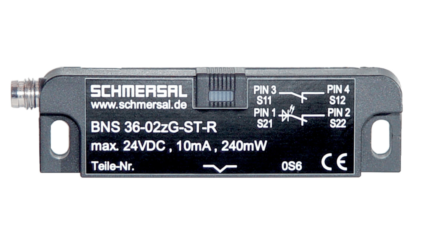 Interruttore di sicurezza Schmersal BNS36-11Z-ST-R, sensore magnetico IP67, installazione a livello, dimensioni 15mm x 37mm.