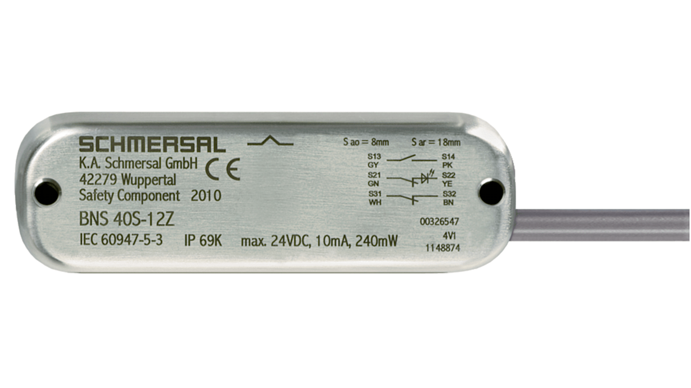 Interruttore di sicurezza Schmersal BNS40S-12Z, sensore magnetico in acciaio inox, grado di protezione IP67, dimensioni 37x15 mm.