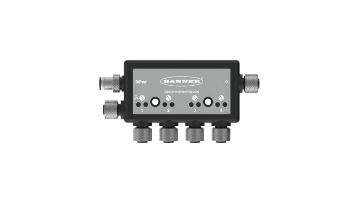 Kit IO-Link Banner DXMR90-4K, controllore con 4 porte, grado di protezione IP67, compatto e personalizzabile.