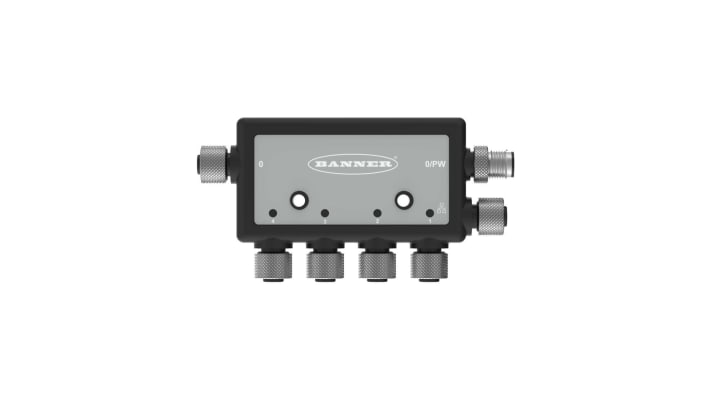 Kit Modbus Banner DXMR90-X1, controllore per IoT industriale con quattro porte master, alloggiamento IP 67, connessione Ethernet.
