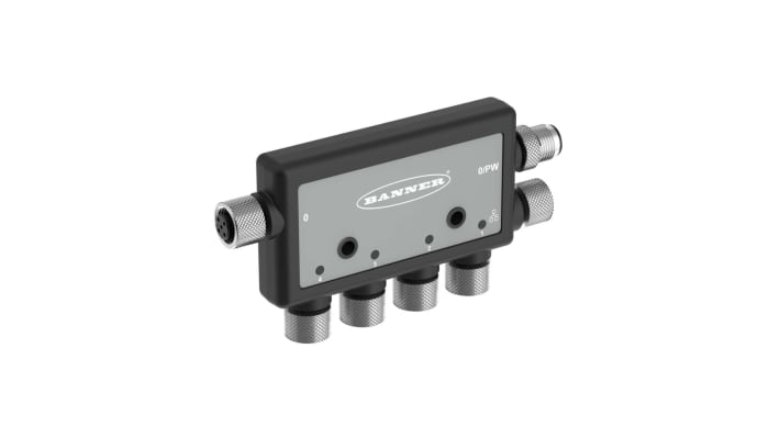 Kit Modbus Banner DXMR90-X1, controllore per IoT industriale con quattro porte master, alloggiamento IP 67, connessione Ethernet.