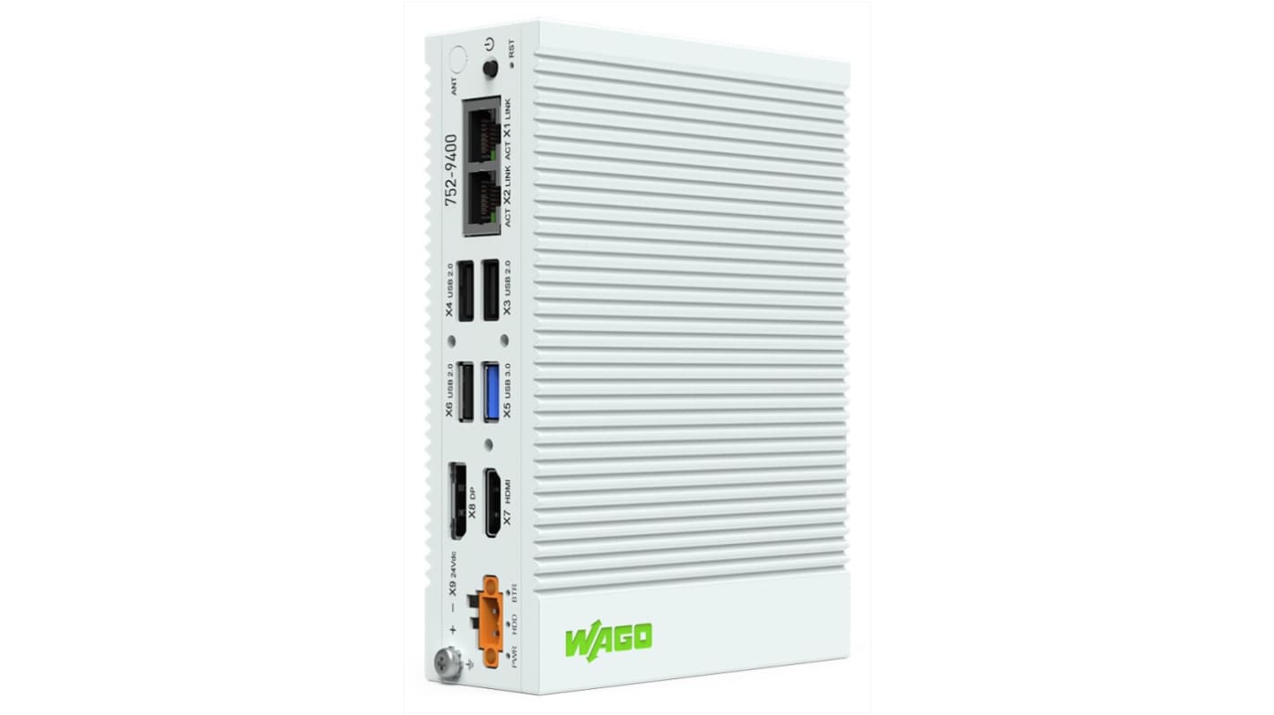 Wago 752-9401, computer industriale con processore Intel Atom, RAM 64 GB, interfaccia Ethernet, dimensioni 40x105 mm.
