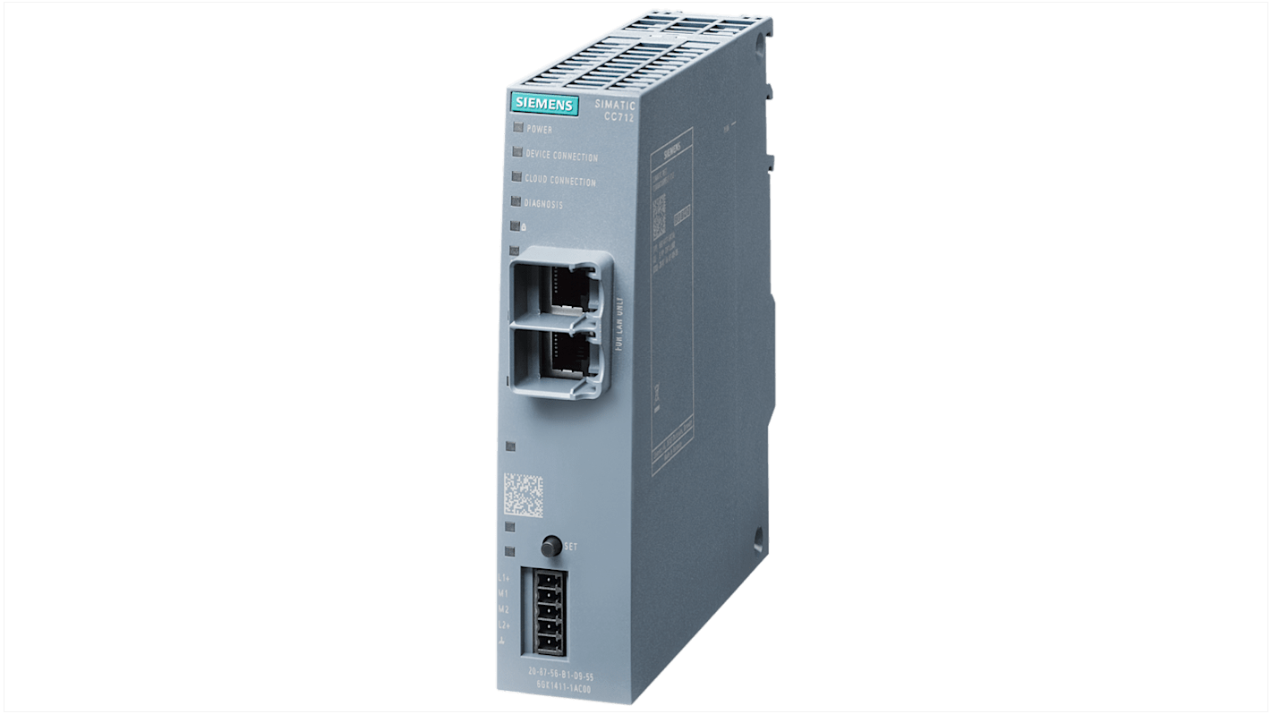 Gateway IoT Siemens 6GK1411-1AC00 con due porte Ethernet RJ45 e supporto per protocolli S7 e Modbus. Grado di protezione IP20.