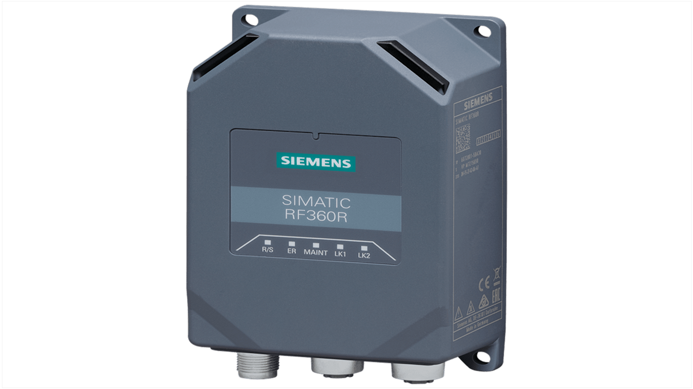 Lettore RFID fisso Siemens 6GT2801-5BA30, distanza di lettura 150 mm, alimentazione 24 V, connessione Ethernet.