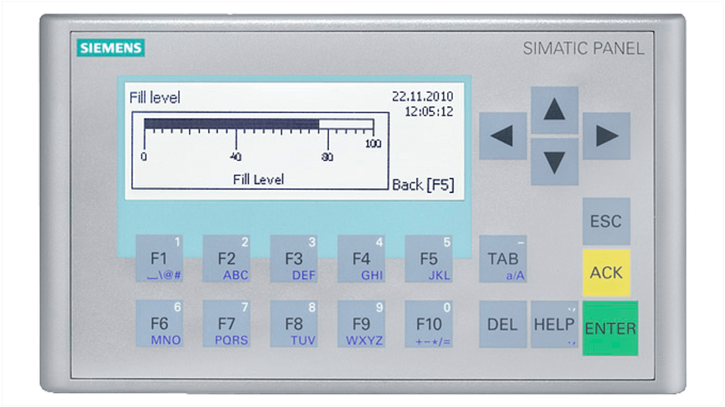 Pannello HMI Siemens KP300 Basic, codice 6AG1647-0AH11-2AX1, display TFT 3.6", risoluzione 240 x 80 pixel, montaggio verticale.