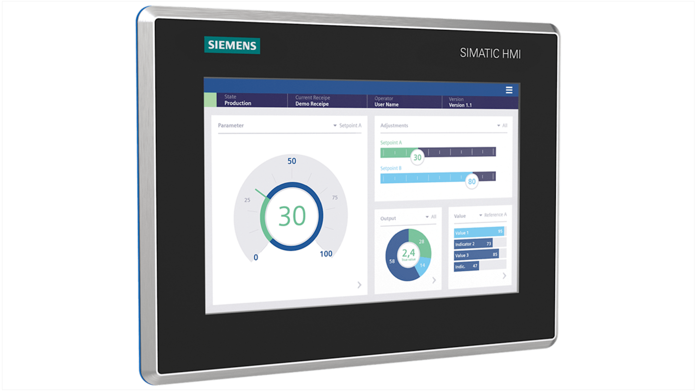 Pannello HMI Siemens 6AV2128-3GB40-0AX0, display TFT 7", design in acciaio inox, grado di protezione IP69, interfaccia PROFINET.