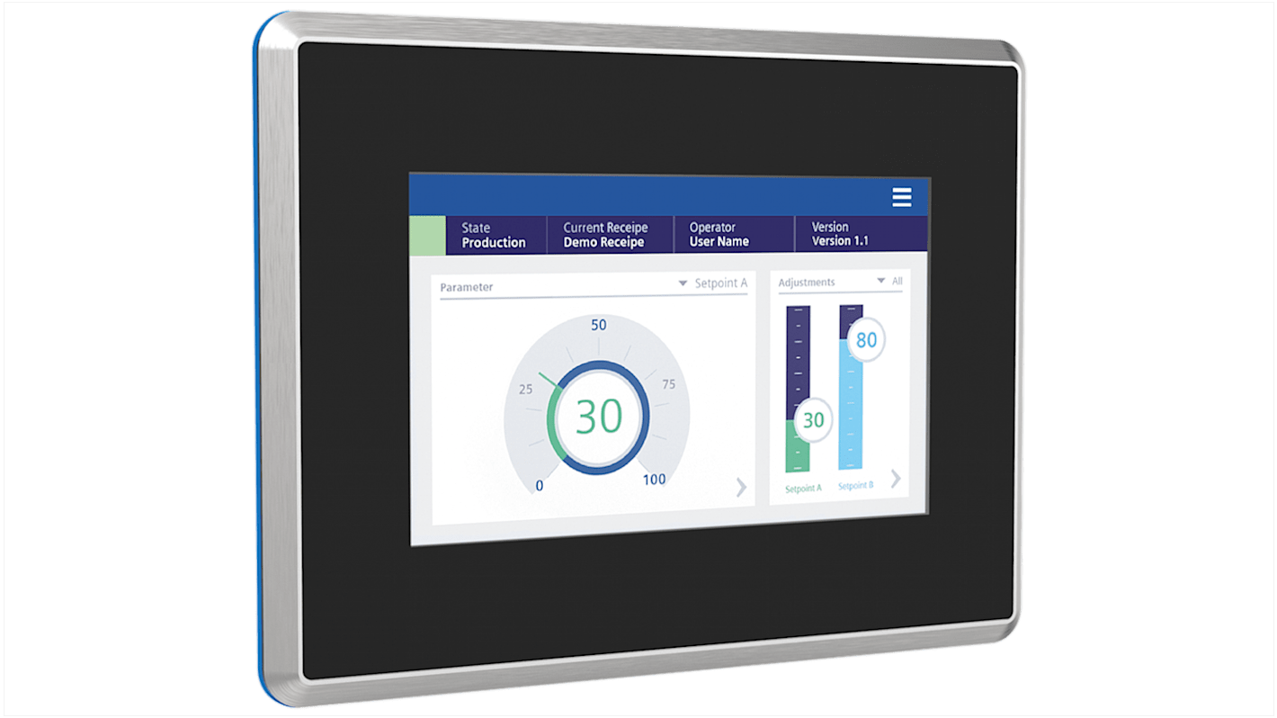 Pannello HMI Siemens 6AV2128-3GB70-0AX0, display TFT 7", design in acciaio inox, grado di protezione IP69.