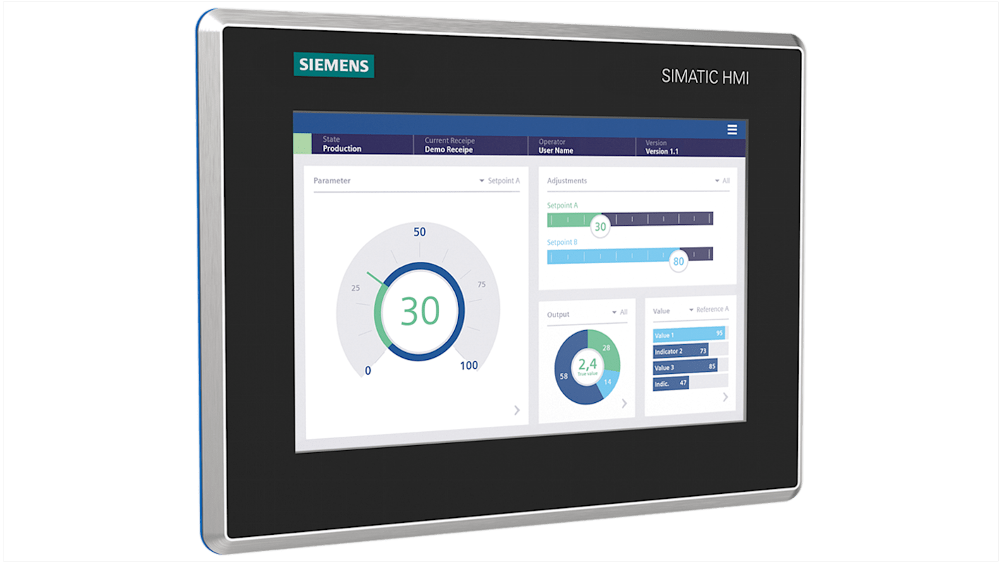 Pannello HMI Siemens 6AV2128-3KB40-0AX0, display TFT 10,1", risoluzione 1280x800, design in acciaio inox, IP69.