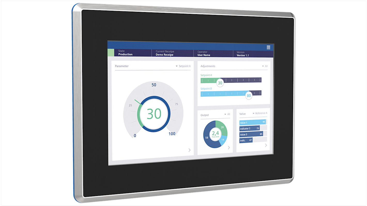 Pannello HMI Siemens 6AV2128-3KB70-0AX0, display TFT 10,1", risoluzione 1280x800, interfaccia PROFINET, design igienico.