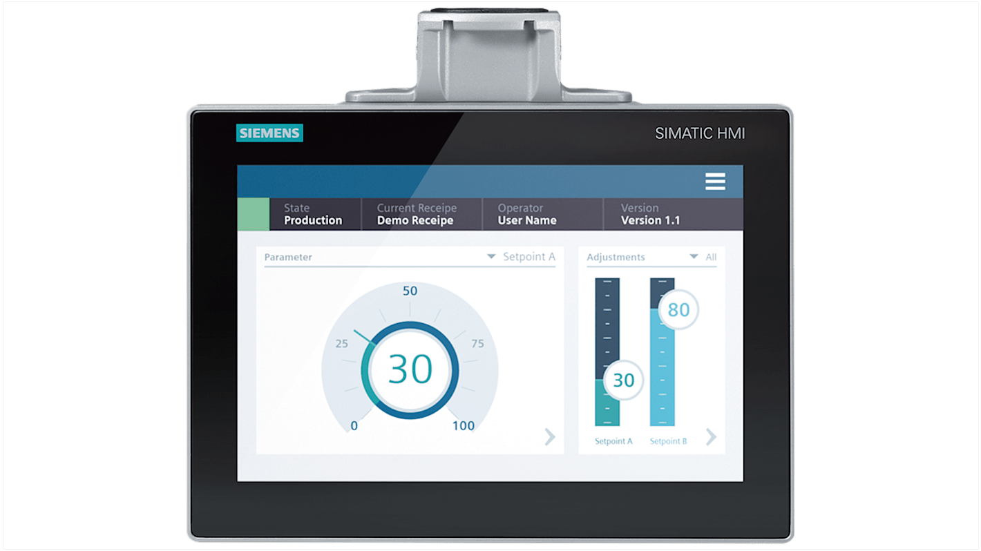 Pannello HMI Siemens 6AV2128-3MB27-0AX0 MTP1200, 12,1" TFT, risoluzione 1280x800, montaggio su braccio con flangia.