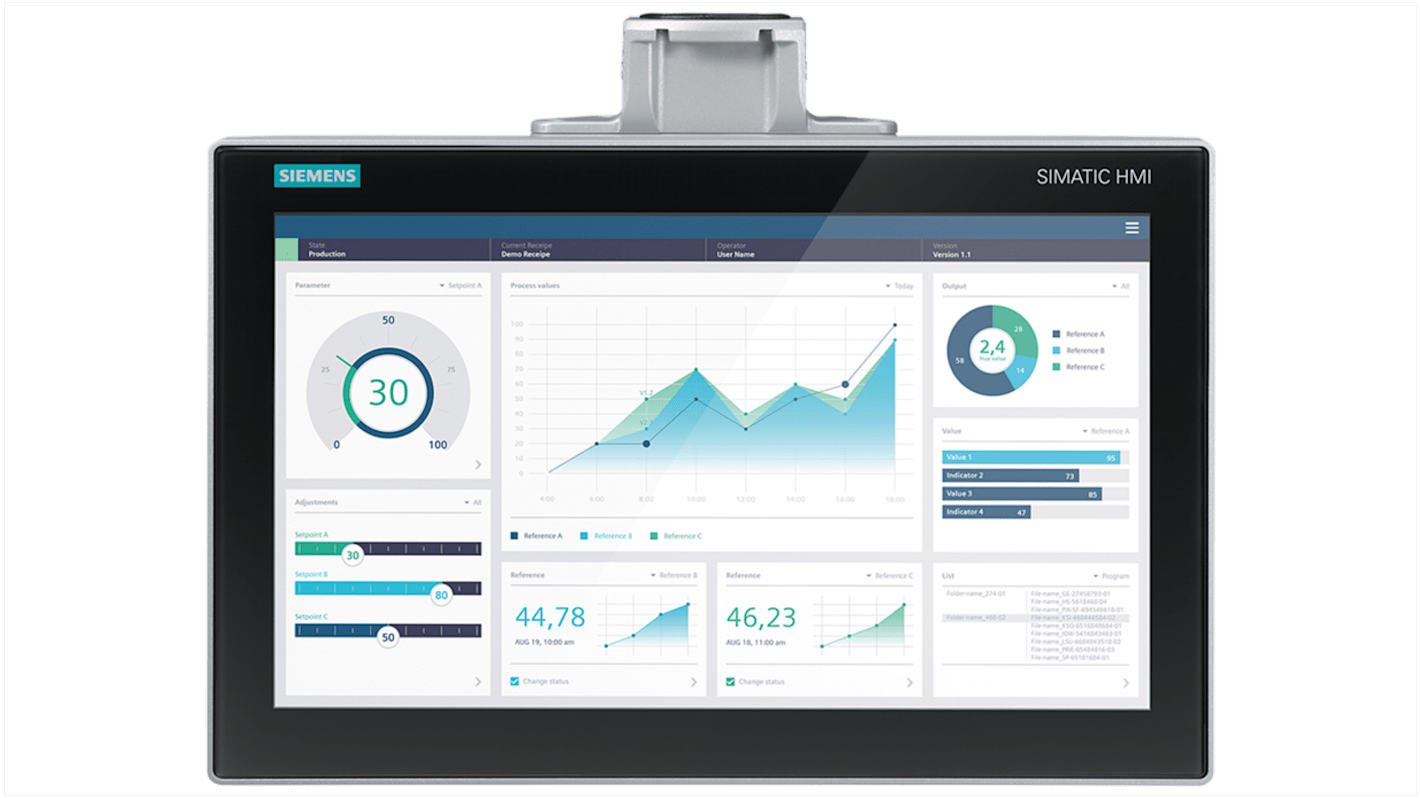 Pannello HMI Siemens 6AV2128-3QB27-0AX0, 15,6 pollici, risoluzione 1366 x 768, interfaccia PROFINET, montaggio su braccio.
