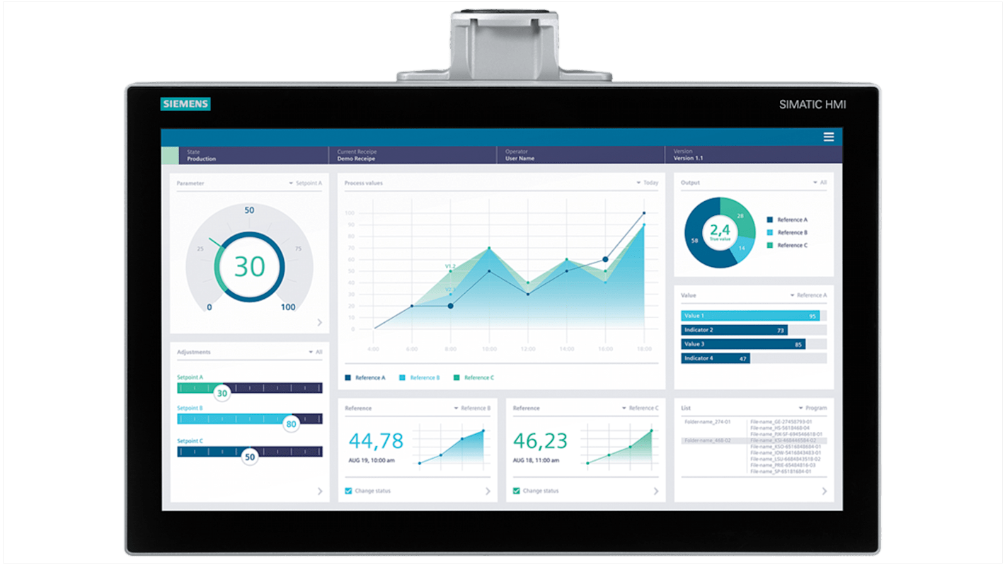 Pannello HMI Siemens 6AV2128-3XB27-0AX0, 21,5" TFT, risoluzione 1920x1080, interfaccia PROFINET, montaggio su braccio.