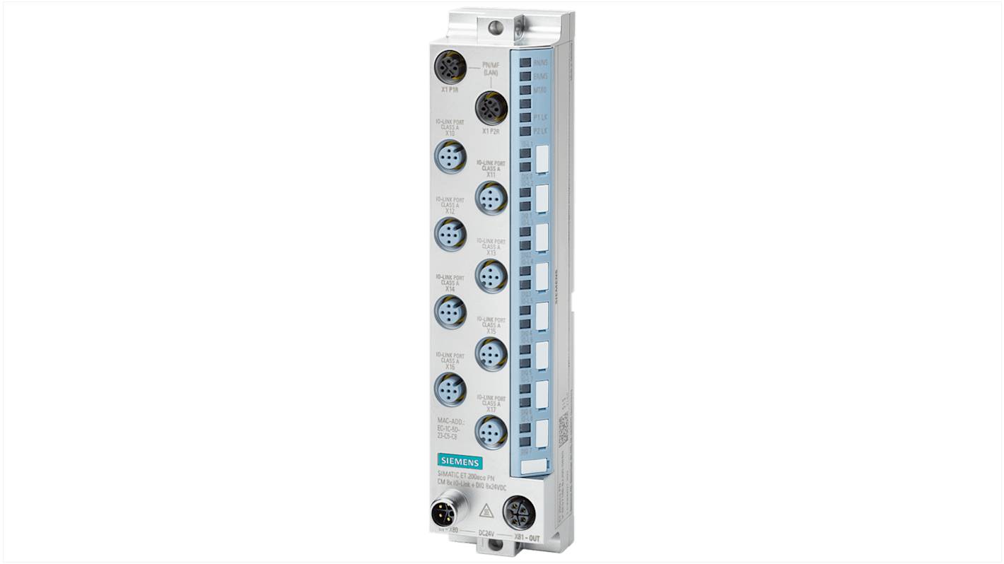 Modulo I/O Siemens 6ES7148-6JE00-0BB0 per interruzione del filo, 4 porte IO-Link, 12 canali digitali, grado di protezione IP67/IP69K.