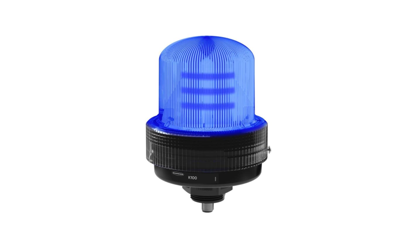 Segnalatore lampeggiante fisso LED blu Banner K100B-BLBQ, alimentazione 12-48 V DC, montaggio su base, grado di protezione IP66.