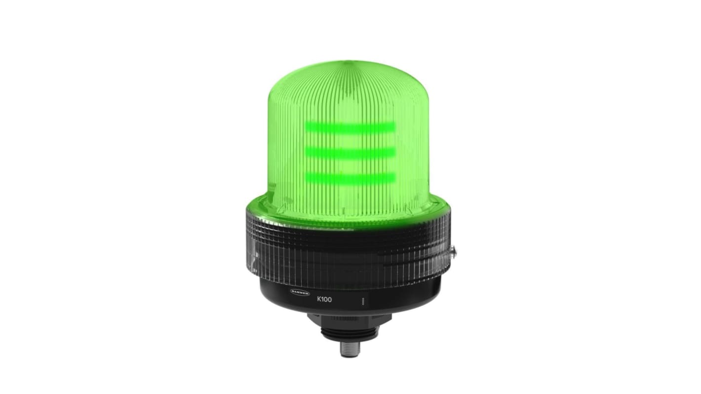 Segnalatore lampeggiante fisso LED verde Banner K100B-BLZGAQ, alimentazione 100-240V, montaggio su base, IP66, policarbonato UV.