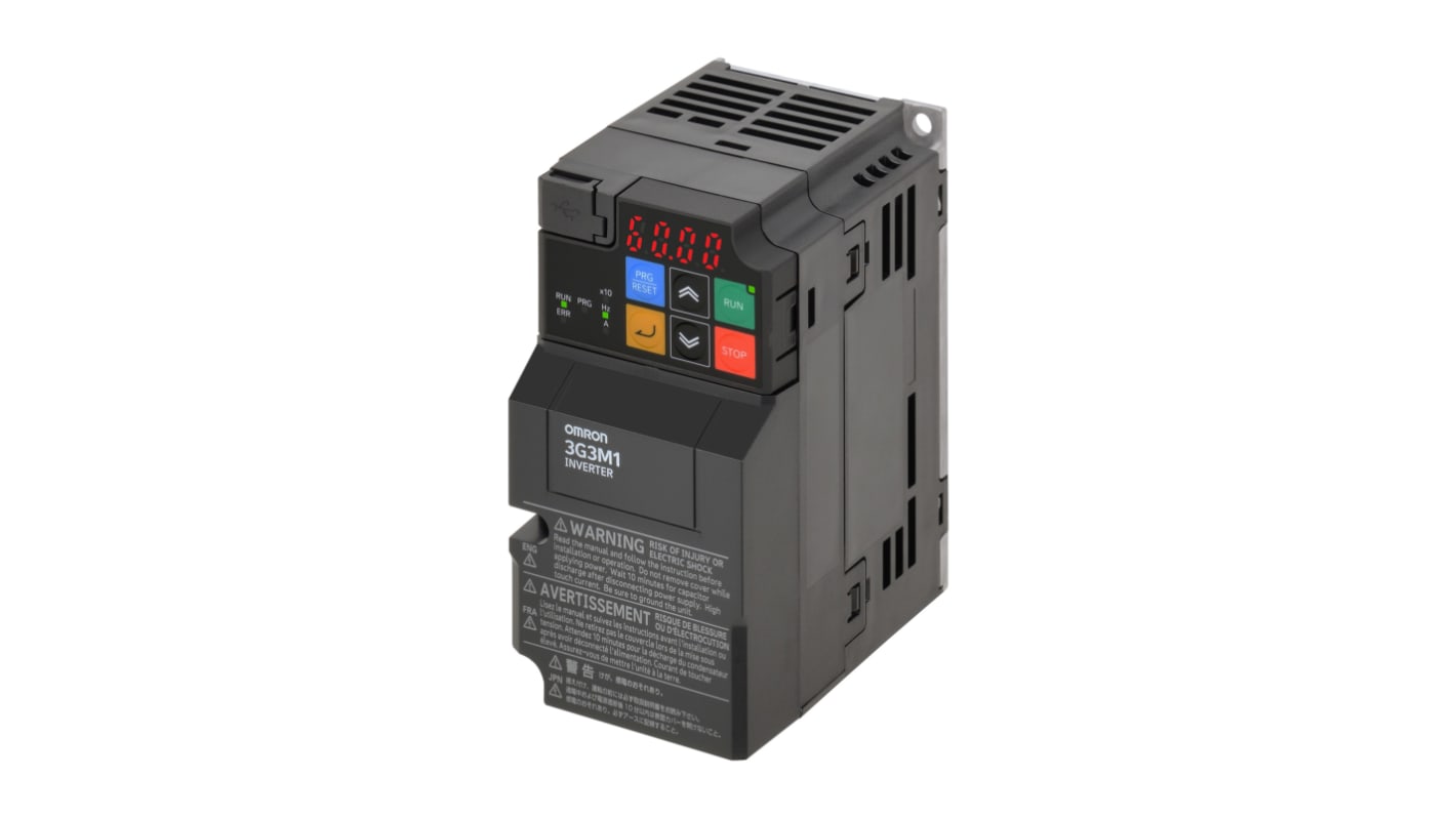 Avviatore a velocità variabile Omron 3G3M1-A2007, potenza 0,2-18,5 kW, tensione 200 V CA, controllo coppia, encoder integrato.