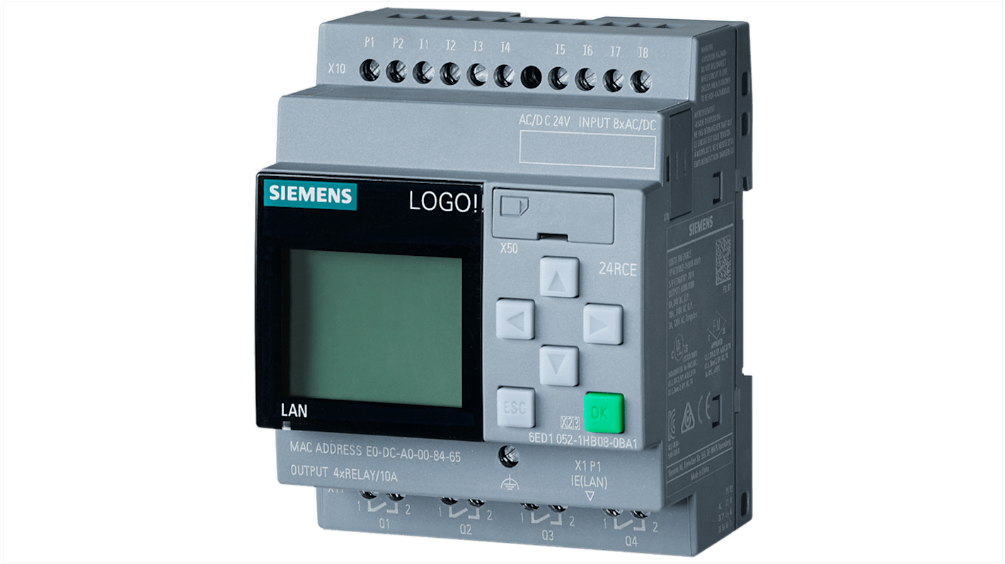 Controllore LOGO! Siemens 6ED1052-1HB08-0BA2: PLC con 8 ingressi, 4 uscite, Ethernet e design modulare per automazione industriale.