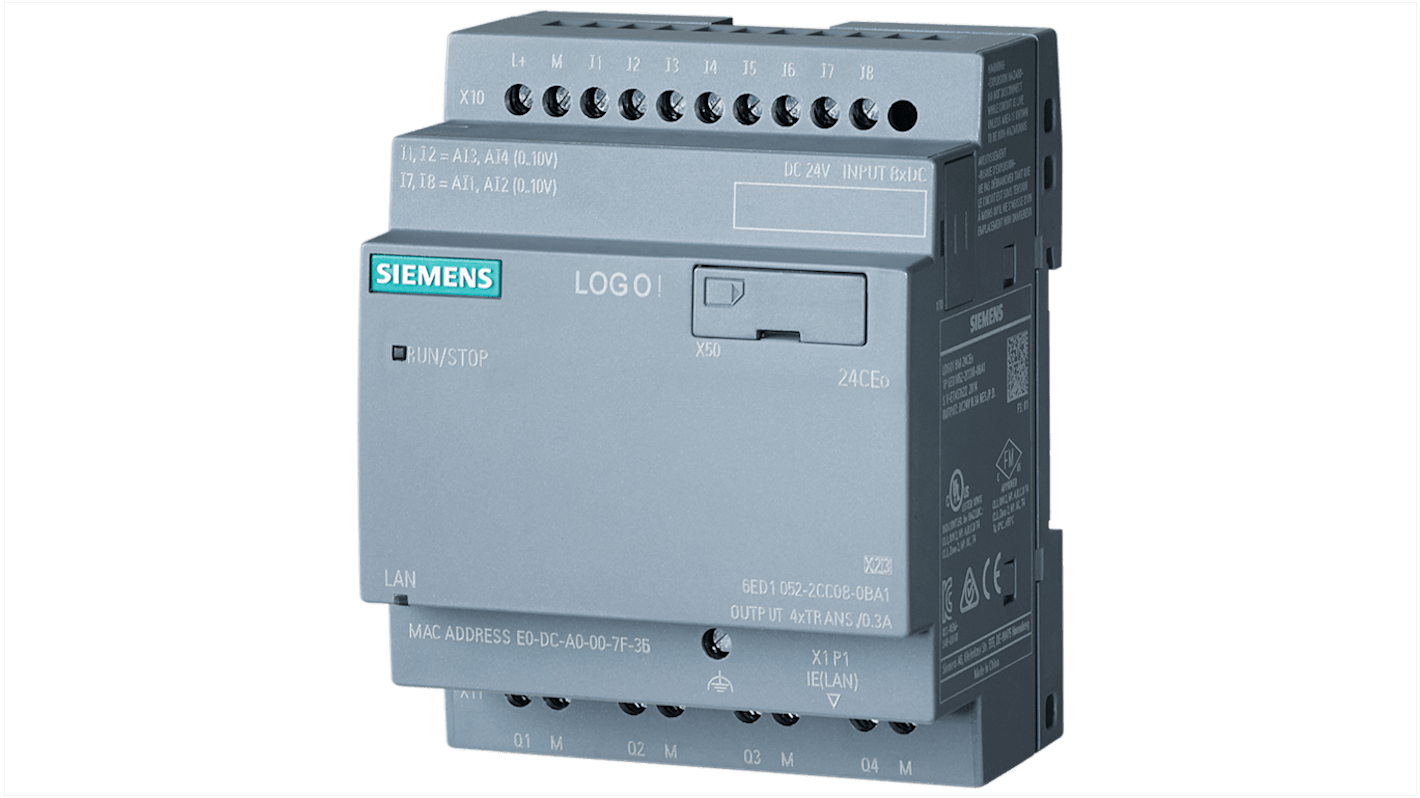 Modulo logico Siemens 6ED1052-2CC08-0BA2, CPU PLC per automazione, montaggio DIN, 24 V DC, 12 ingressi, 4 uscite, dimensioni 71,5 x 90 x 60 mm.