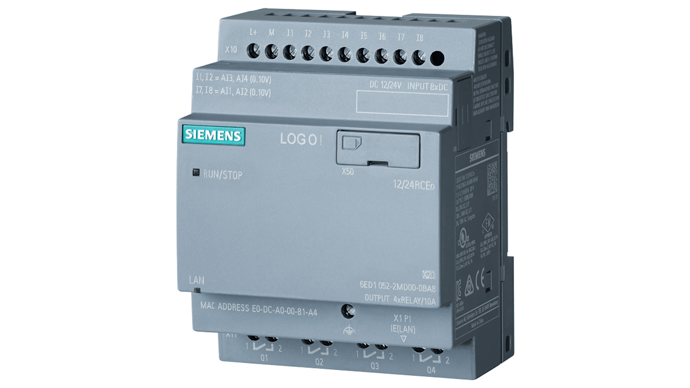 Modulo logico Siemens 6ED1052-2MD08-0BA2, 12 ingressi, 4 uscite relè, montaggio su guida DIN, dimensioni 71.5 x 90 mm.