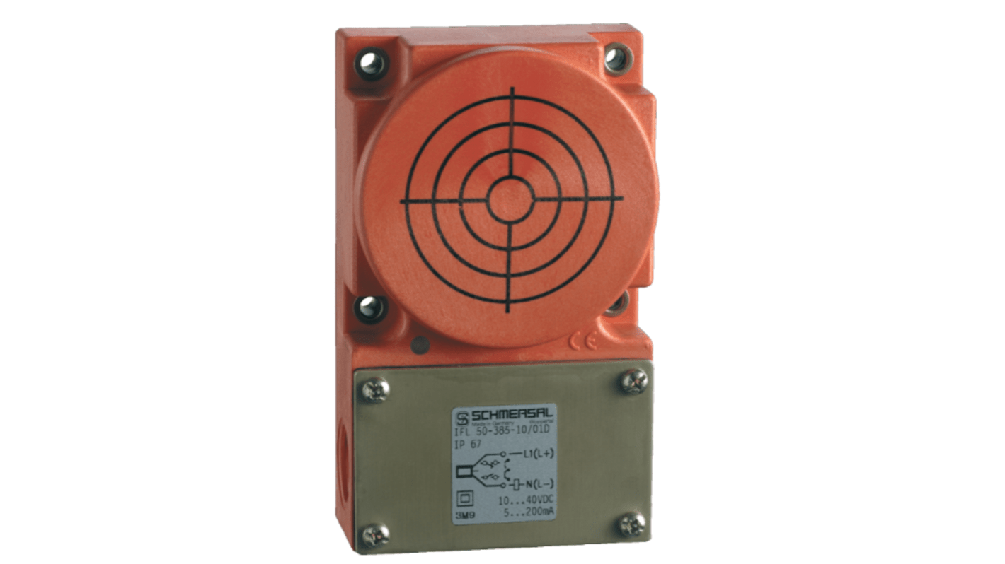 Schmersal IFL 70-385-11P, sensore induttivo PNP con gamma di rilevamento 70 mm, grado di protezione IP67, alimentazione 10-60 V dc.