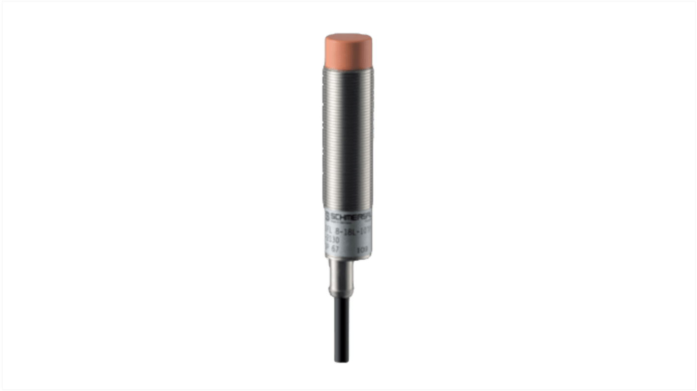 Sensore di prossimità induttivo cilindrico Schmersal IFL 8-18L-10TP-2130, PNP M8, gamma di rilevamento 8 mm, IP67, alimentazione 10-30 V CC.