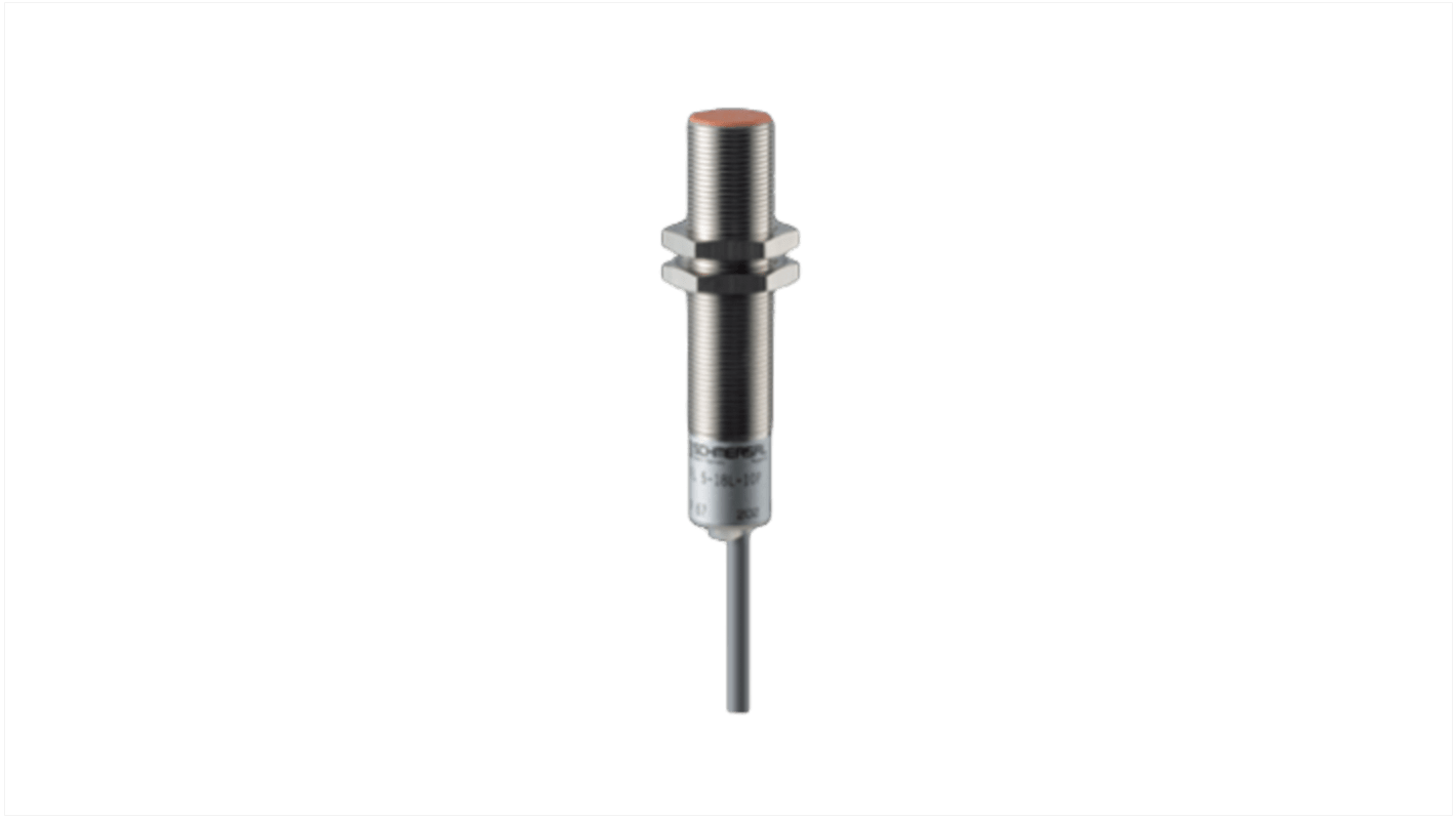Sensore di prossimità induttivo cilindrico Schmersal IFL 5-18L-01N, uscita NPN, rilevamento a 5 mm, grado di protezione IP67.