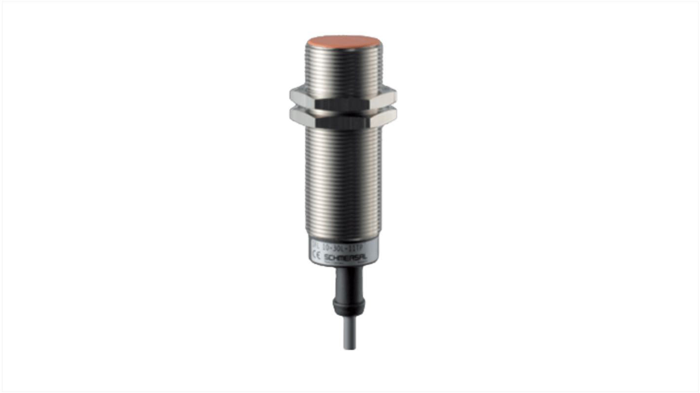 Sensore di prossimità induttivo cilindrico Schmersal IFL 10-30L-11TP, PNP, M30, rilevamento 10 mm, custodia metallica, IP67.