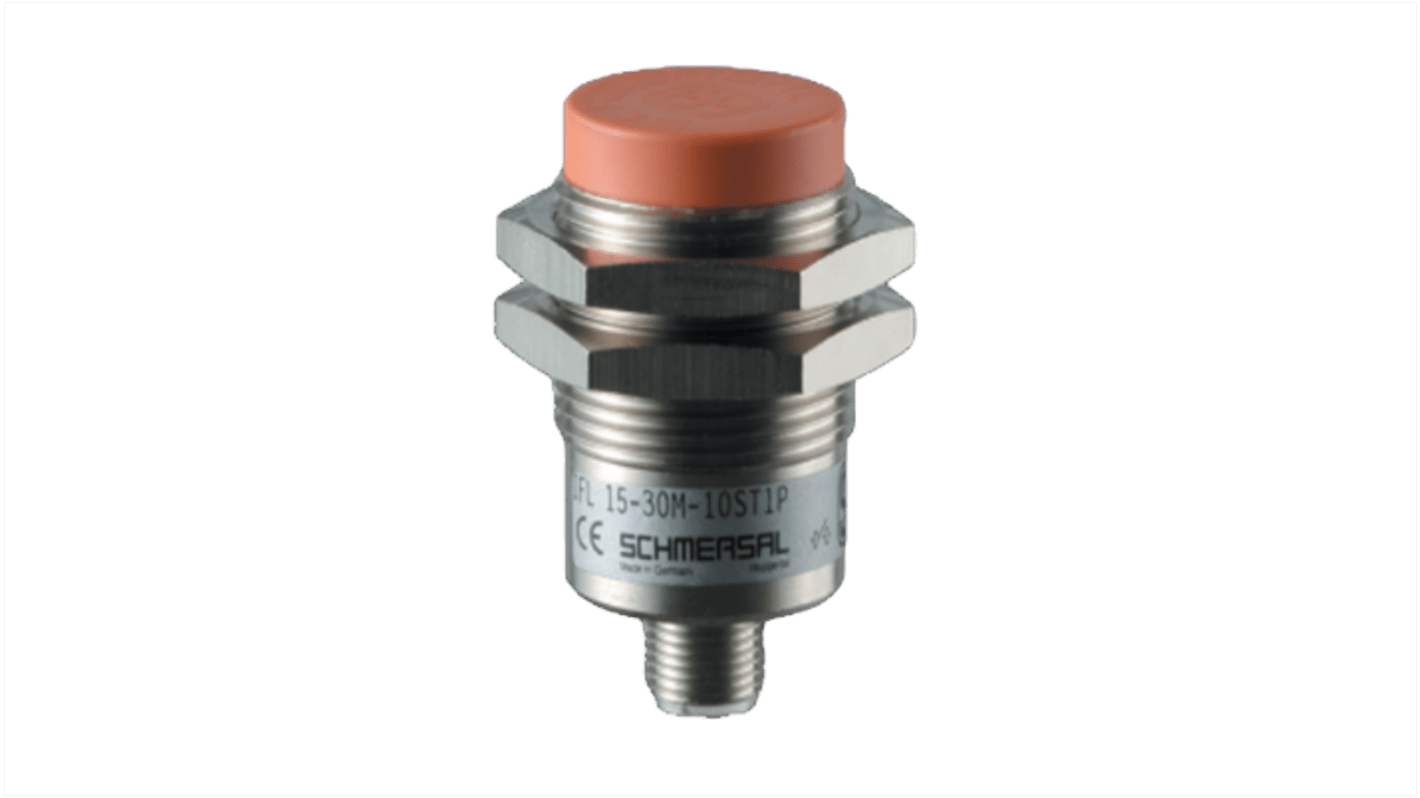Sensore di prossimità induttivo cilindrico Schmersal IFL 15-30M-10ST1P, PNP, M30, rilevamento 15 mm, IP67, custodia metallica.