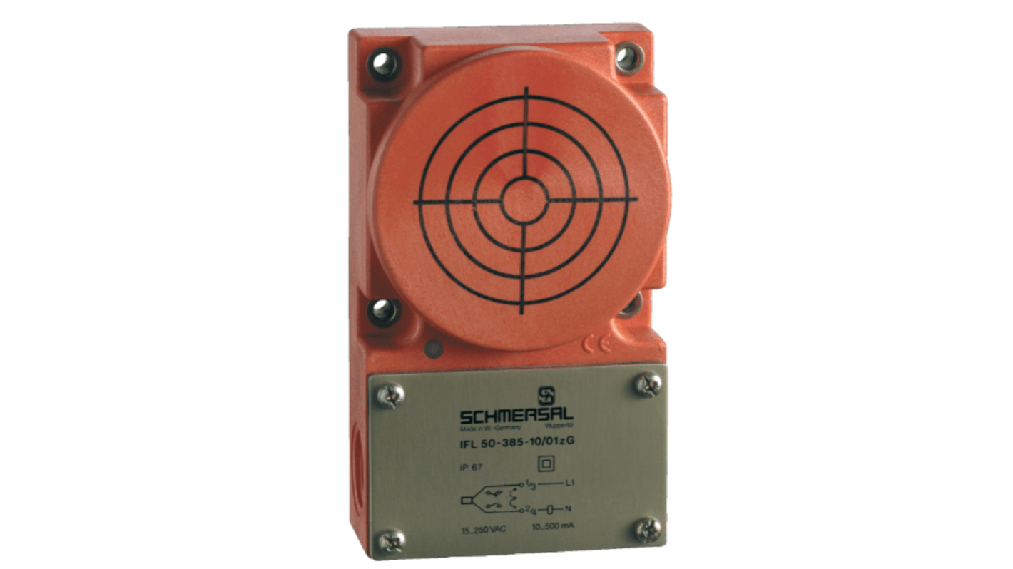 Sensore di prossimità induttivo digitale Schmersal IFL 50-385-10/01-M20, rilevamento a 50 mm, alimentazione 15-250 V ac, grado di protezione IP67.