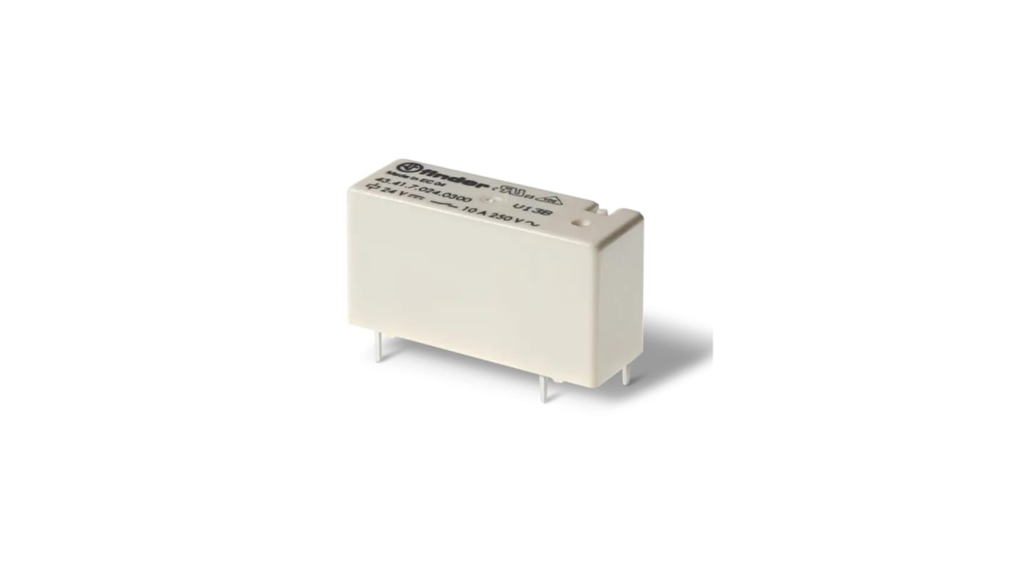 Relè di potenza Finder 434170124000, SPDT, bobina 12V cc, montaggio su PCB, corrente di commutazione 10A, design compatto.