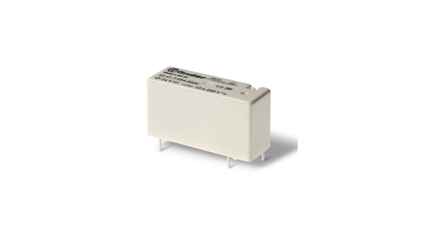 Relè di potenza Finder 434170124300, SPDT, bobina 12V cc, montaggio su PCB, corrente di commutazione 10A, design compatto.