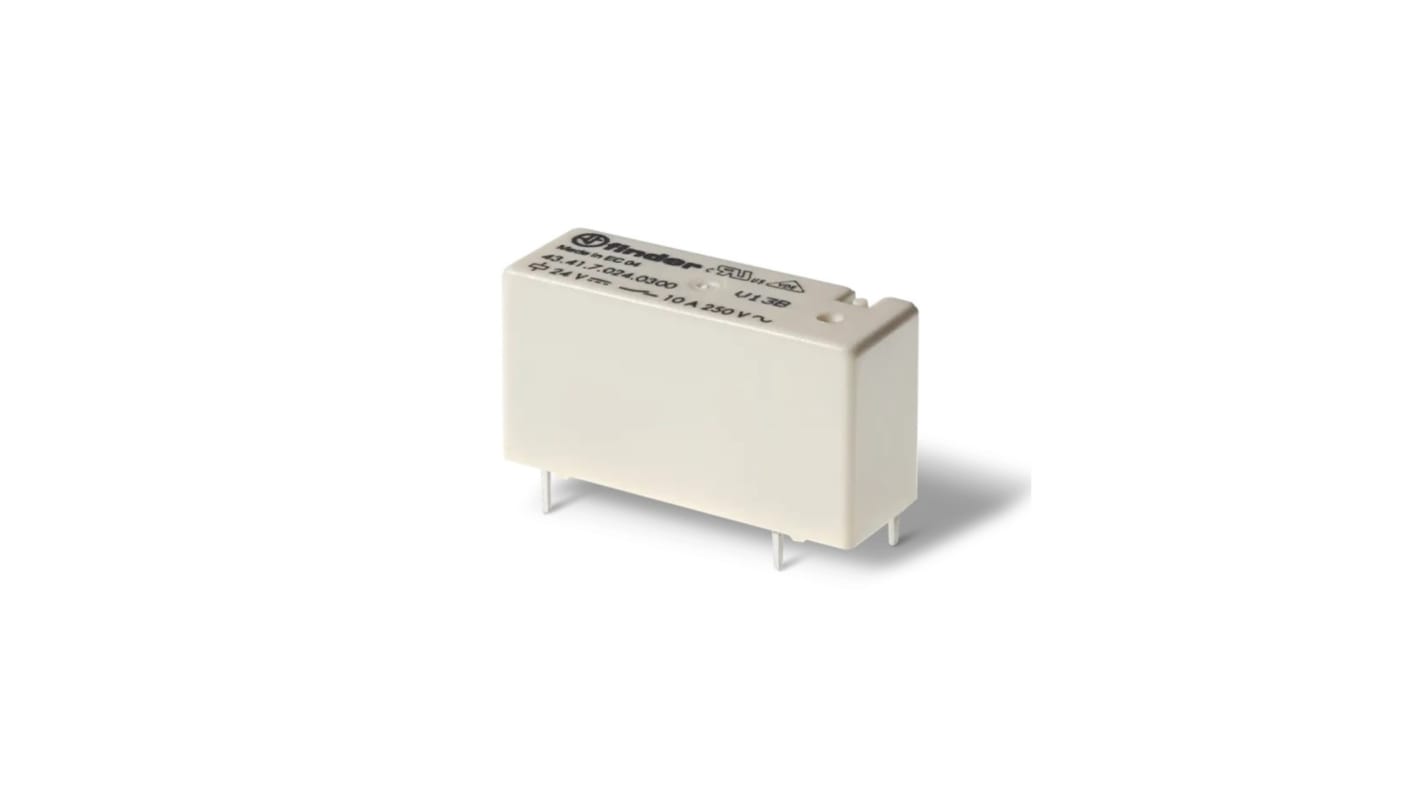 Relè di potenza Finder 434170244000, SPDT, 24V cc, montaggio su PCB, corrente di commutazione 10A, design compatto.