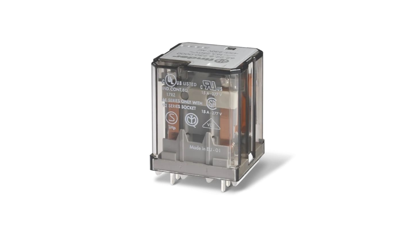 Relè di potenza Finder 3PDT, bobina 12V cc, corrente 16 A, design compatto per sistemi di controllo industriali. Codice 623391254040.