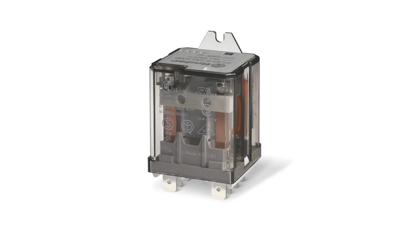 Relè di potenza Finder DPDT, bobina 230V cc, montaggio su flangia, corrente di commutazione 16A, design compatto.
