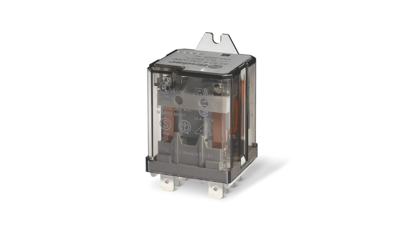 Relè di potenza Finder DPDT, bobina 12V cc, montaggio su flangia, corrente di commutazione 16A, design compatto.