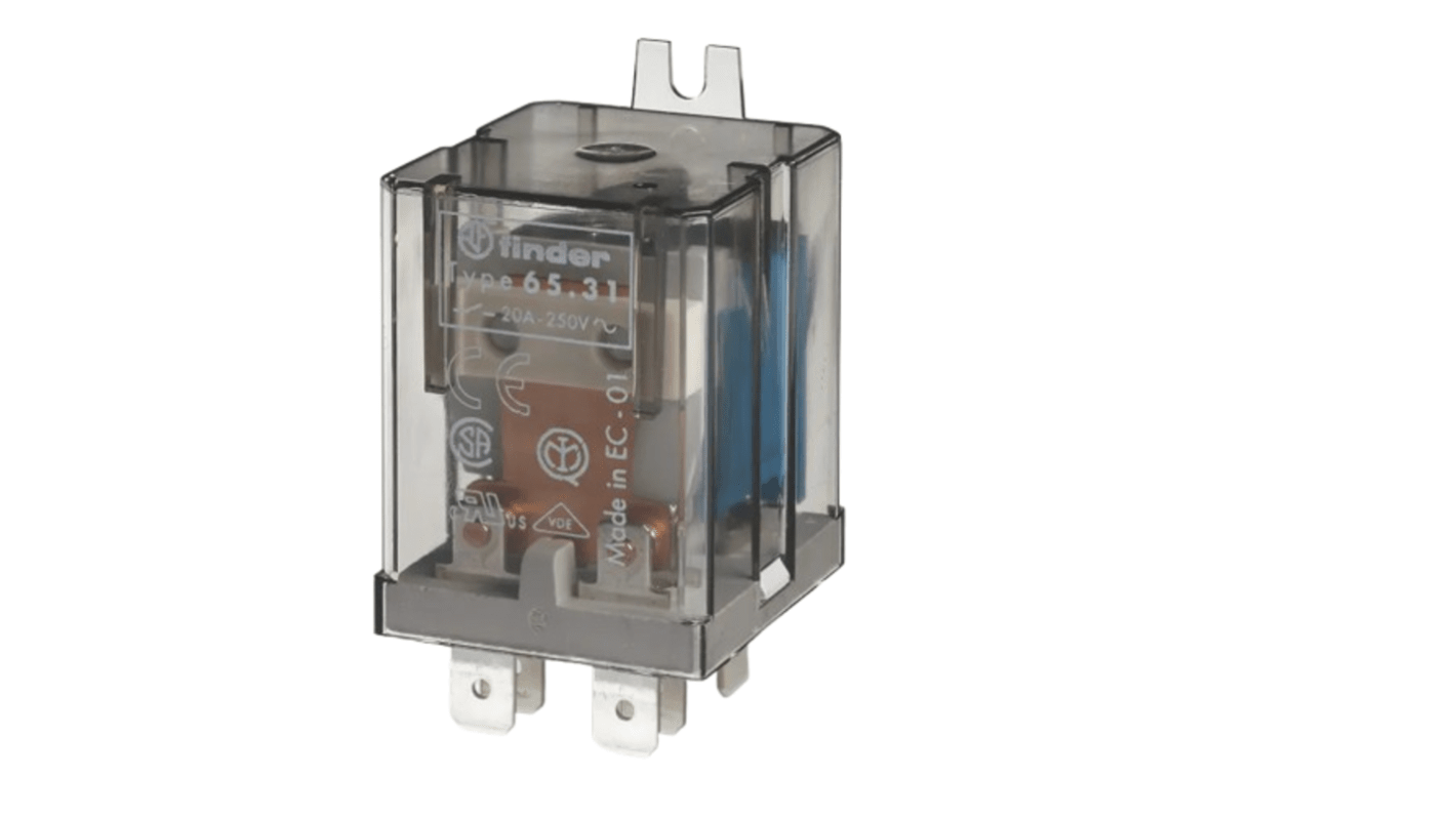 Relè di potenza Finder SPDT, montaggio su flangia, bobina 230V cc, contatto 20 A, corrente di commutazione 30 A.