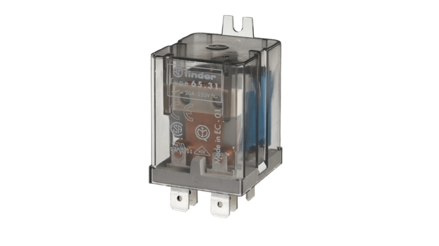 Relè di potenza Finder 653190124300, SPST, 12V cc, montaggio su flangia, contatto 20 A, corrente di picco 120 A.