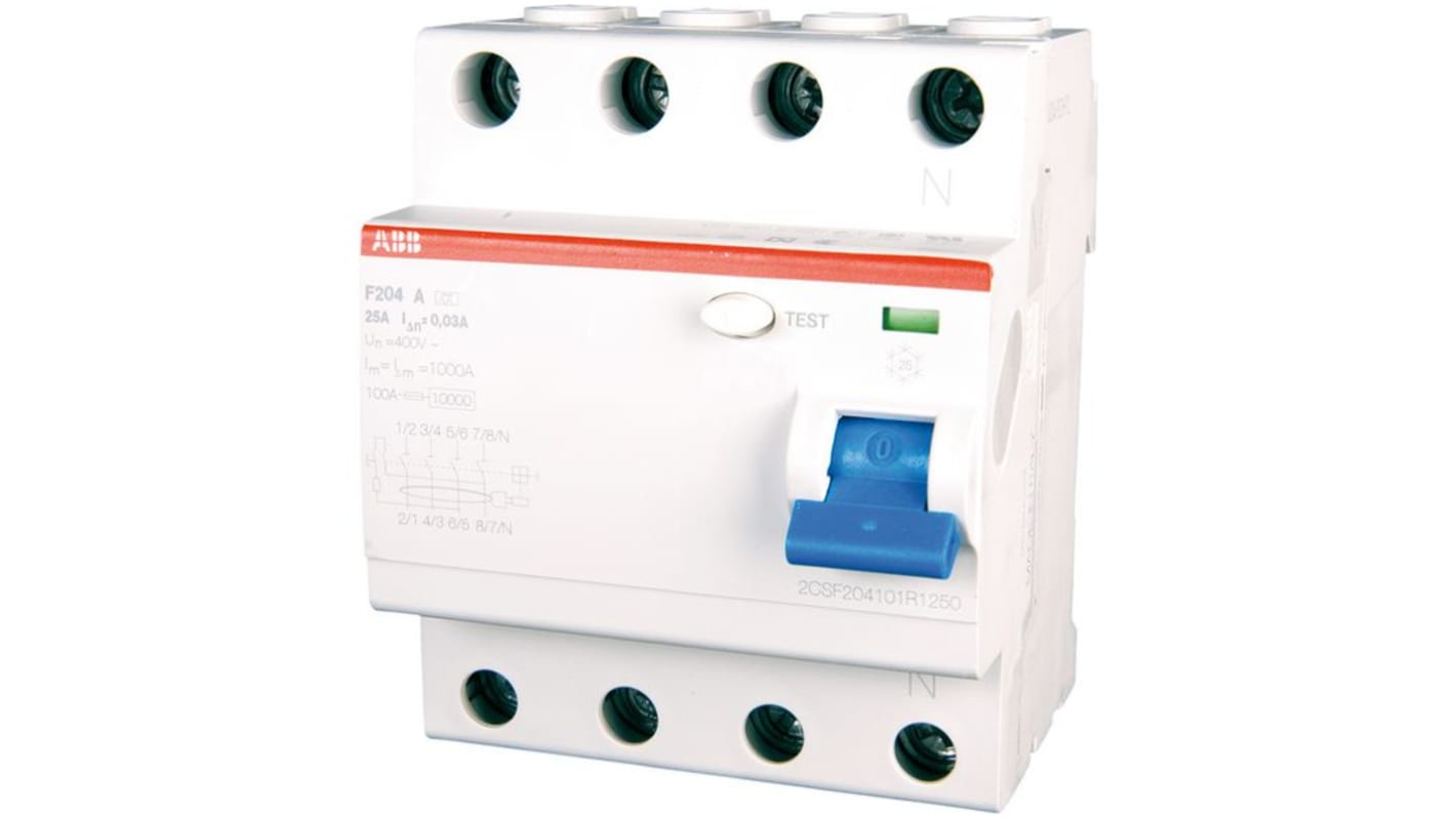 Interruttore differenziale ABB F204 A-40/0.03, 4 poli, 40 A, 30 mA, tensione 230/400 V, conforme IEC/EN 61008.