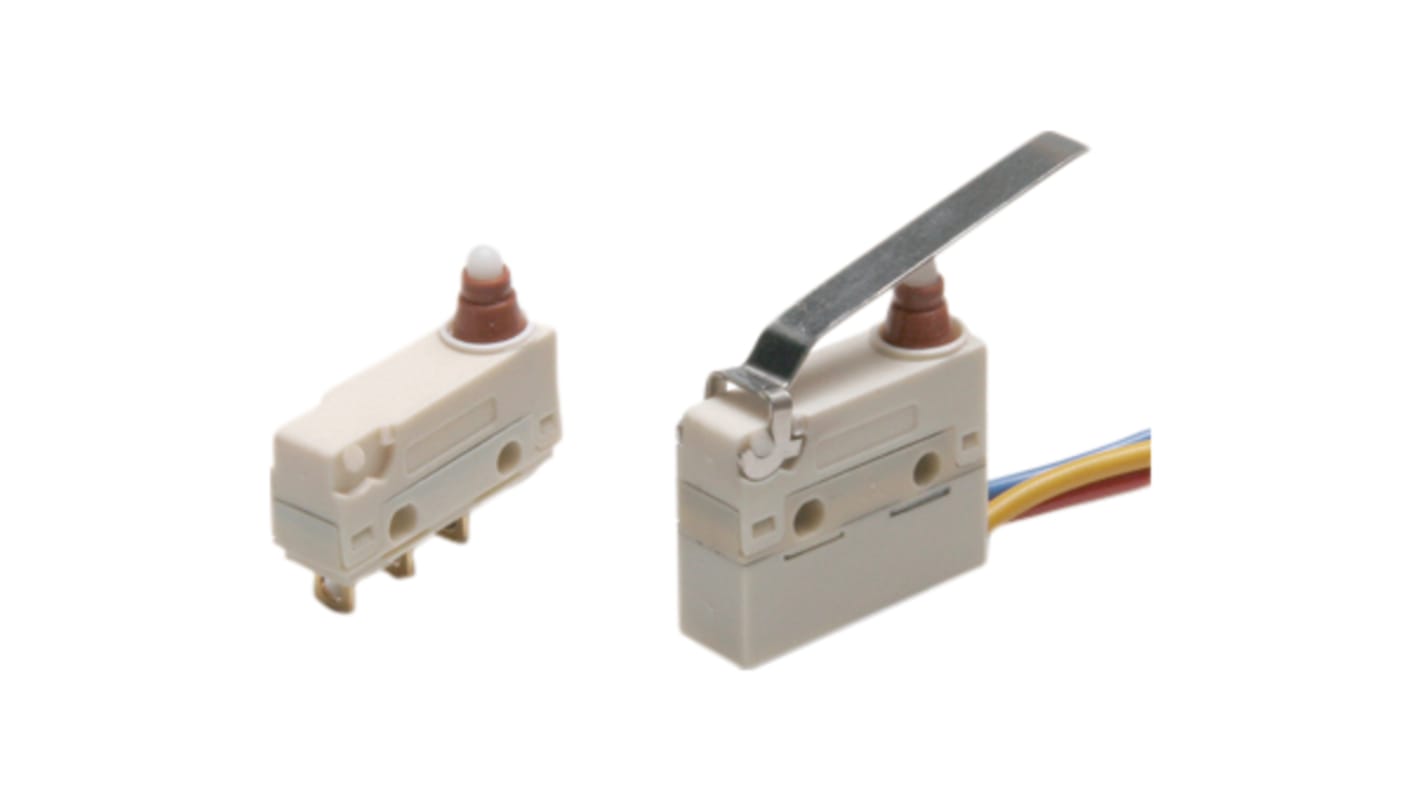 Microinterruttore Saia-Burgess V4LSGUL, normalmente chiuso, attuatore a pistone, dimensioni 20 x 11 x 6,4 mm, protezione IP6K7.