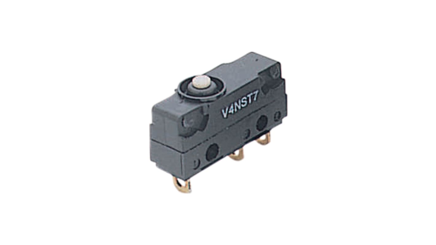 Microinterruttore Saia-Burgess V4NCST7, subminiaturizzato, IP67, 5 A, 250 VCA, terminali a saldare, dimensioni 20 x 10,3 x 6,4 mm.