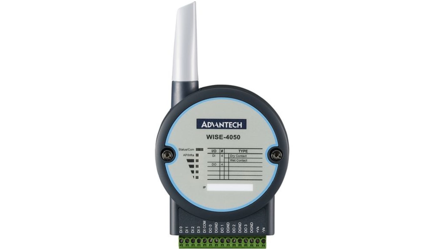 Modulo I/O Advantech WISE-4060 per IoT, 4 ingressi digitali, 4 uscite relè, Wi-Fi 2,4 GHz, alimentazione 10-24 V.