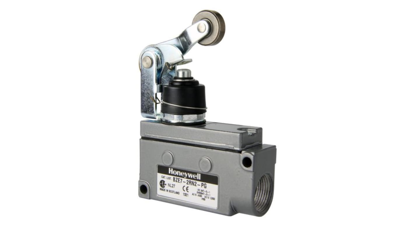 Interruttore di finecorsa Honeywell BZE7-2RN2-PG: Leva a rullo regolabile, NC, 240V ca, 3A, IP65. Controllo preciso per applicazioni industriali.