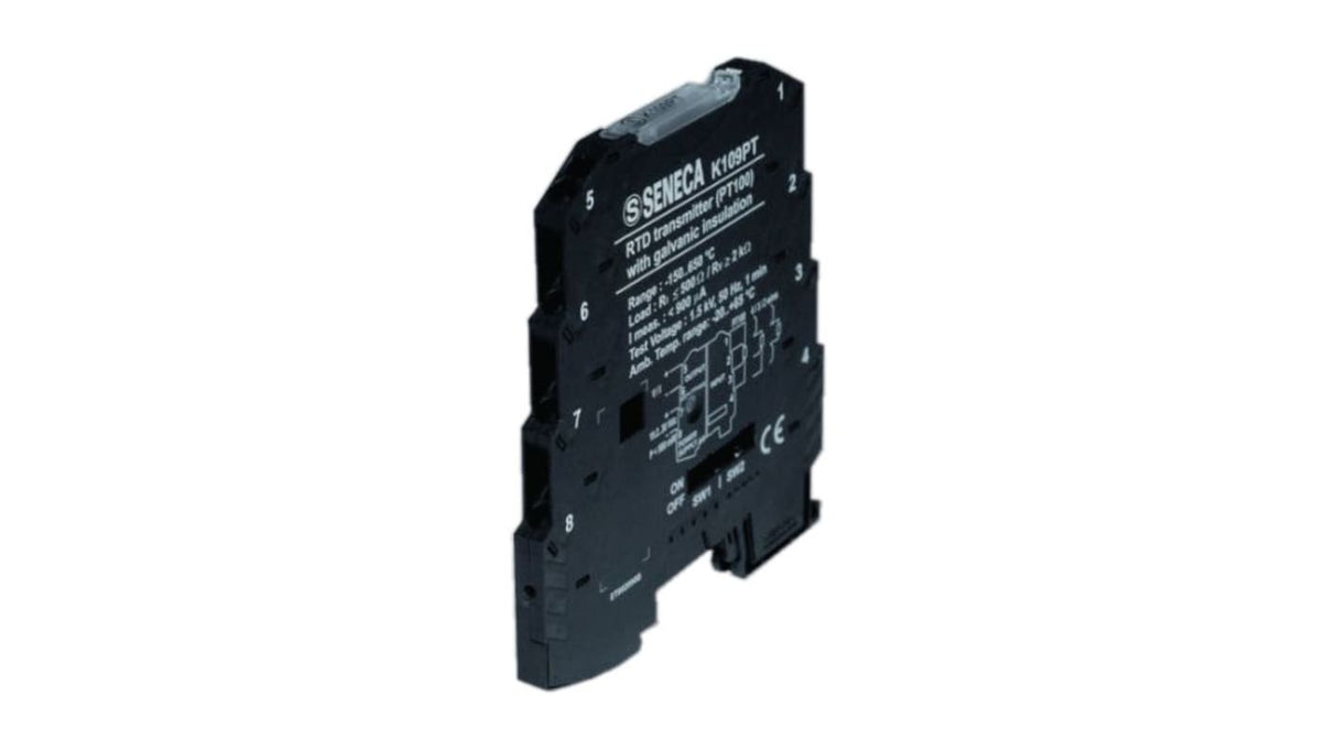 Convertitore di temperatura Seneca K109PT con isolamento galvanico. Ingresso PT100, uscita 0/4-20mA o 0-5/10Vdc. Risoluzione 14 bit, range -20/+65°C. Dimensioni 102,5 x 93,1 x 6,2 mm.
