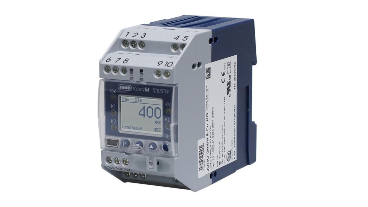 Limitatore di temperatura Jumo 701150/8-01-0253-2001-23/005, tensione 110-240 Vac, montaggio su guida DIN, dimensioni 104.8 x 89.4 x 45 mm.