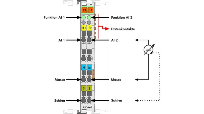 Modulo di ingresso analogico Wago 750-467, due ingressi per tensione, alimentazione 35 V, per applicazioni industriali.