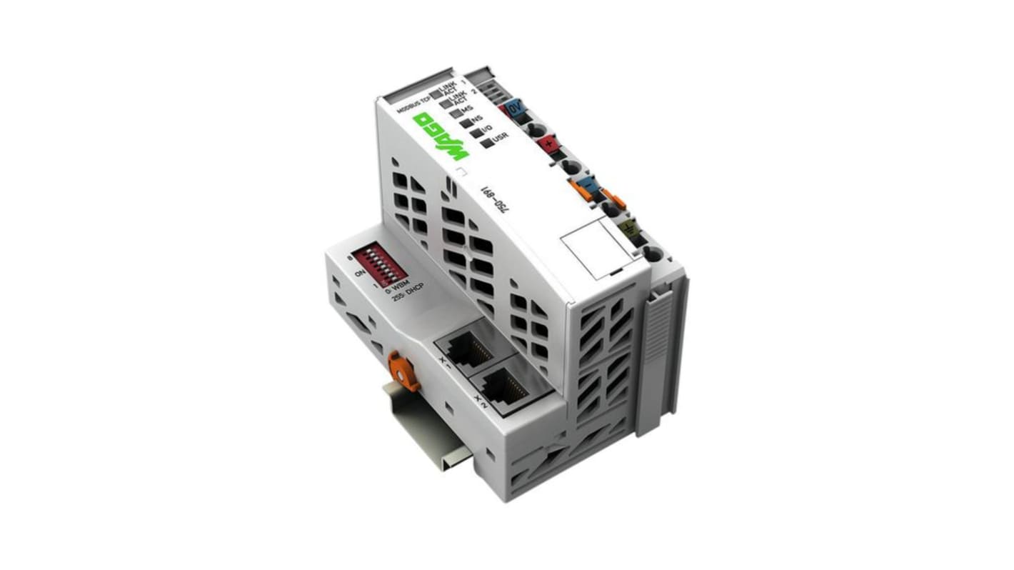 Wago 750-891, controllore logico programmabile con due interfacce Ethernet e switch integrato, tensione 18-31,2 V dc.