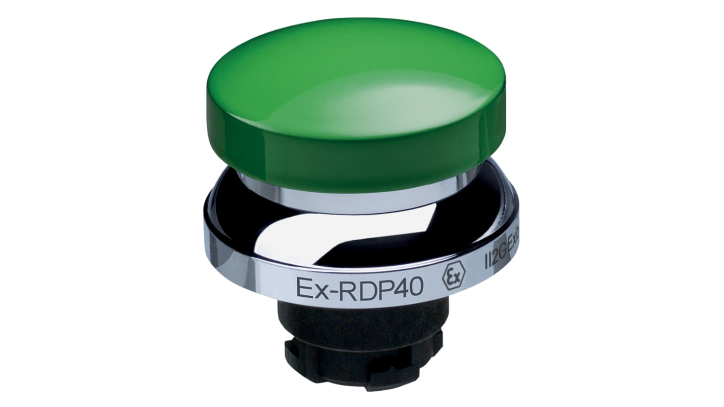 Attuatore pulsante instabile Schmersal EX-RDP40GN, testa a fungo verde, diametro foro 22,3 mm, certificato IECEx.