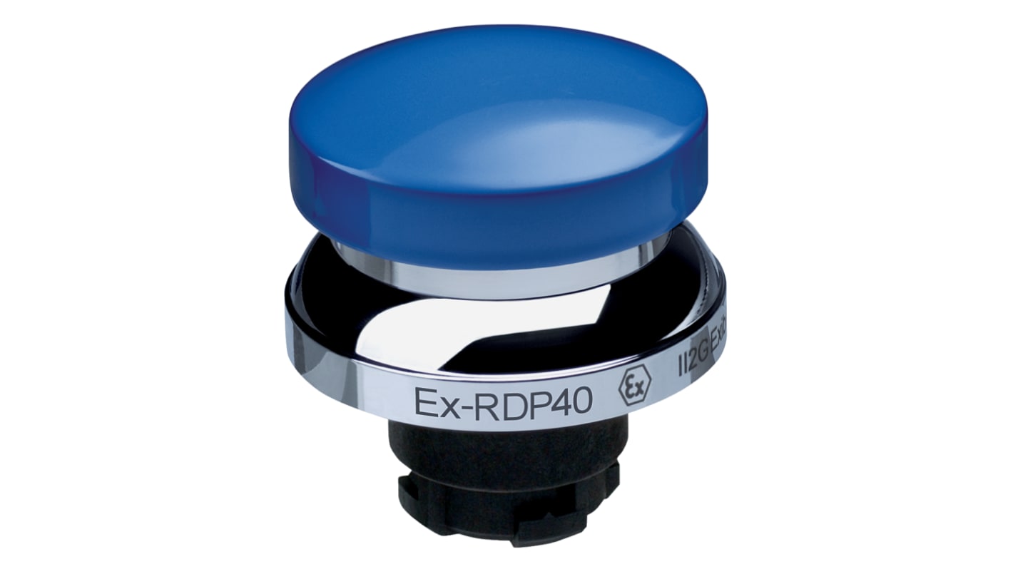 Attuatore pulsante instabile Schmersal EX-RDP40BL, testa a fungo blu, diametro foro 22,3 mm, in alluminio, certificato IECEx.