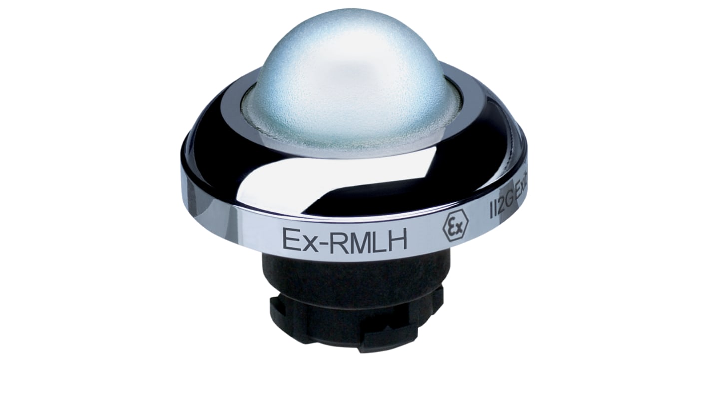 Attuatore pulsante instabile Schmersal EX-RMLHWS, diametro 22,3 mm, illuminato, certificato IECEx, con testa a fungo bianca.